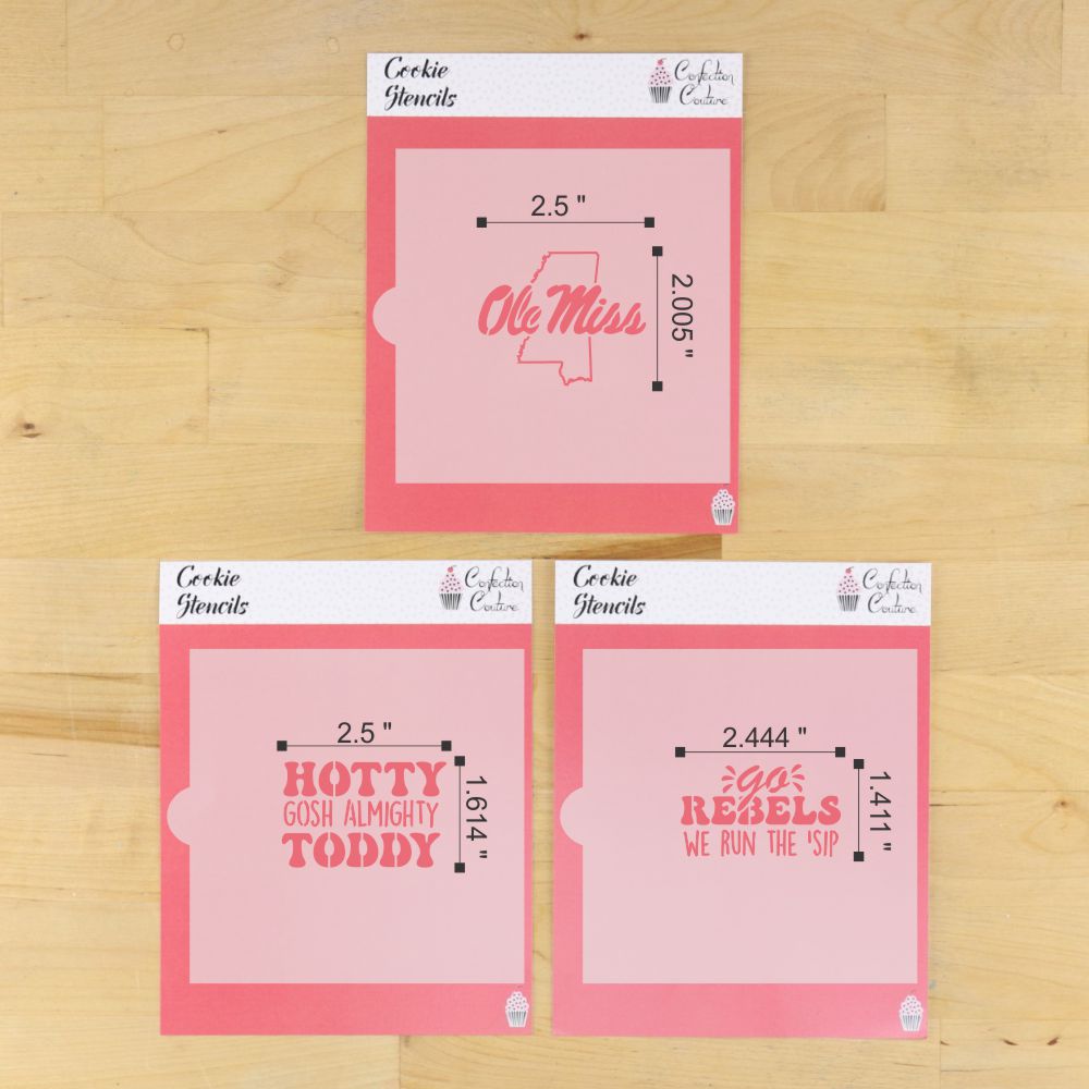 Go Rebels Cookie Stencil Set with designs for Ole Miss, Hotty Toddy, and Go Rebels, perfect for baking fans.