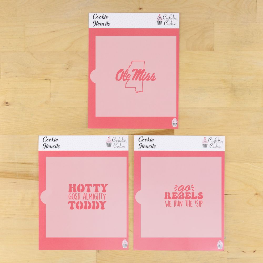 Go Rebels Cookie Stencil Set featuring Ole Miss, Hotty Toddy, and We Run the 'Sip designs for baking.