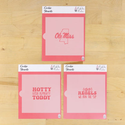 Go Rebels Cookie Stencil Set featuring Ole Miss, Hotty Toddy, and We Run the 'Sip designs for baking.