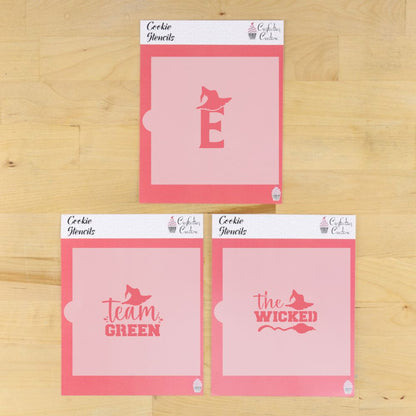 Team Green Cookie Stencil Set featuring Elphaba Witch designs for festive cookie decorating.