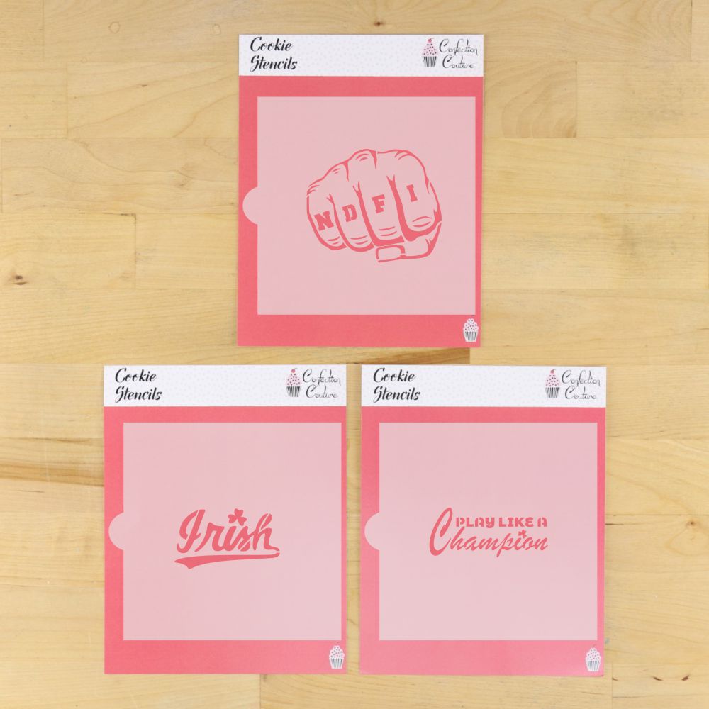 Fighting Irish cookie stencils in their packaging.