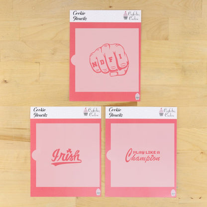 Fighting Irish cookie stencils in their packaging.