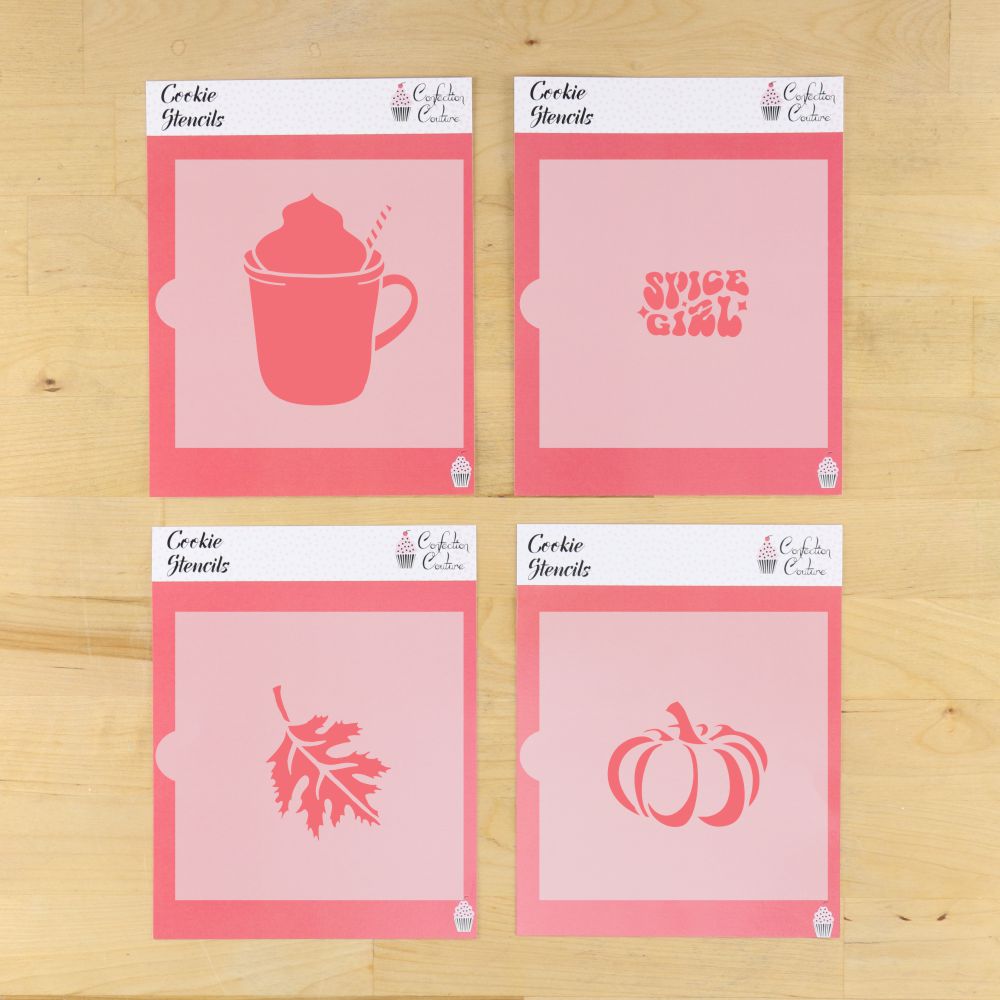 Four pink cookie stencils in their packaging
