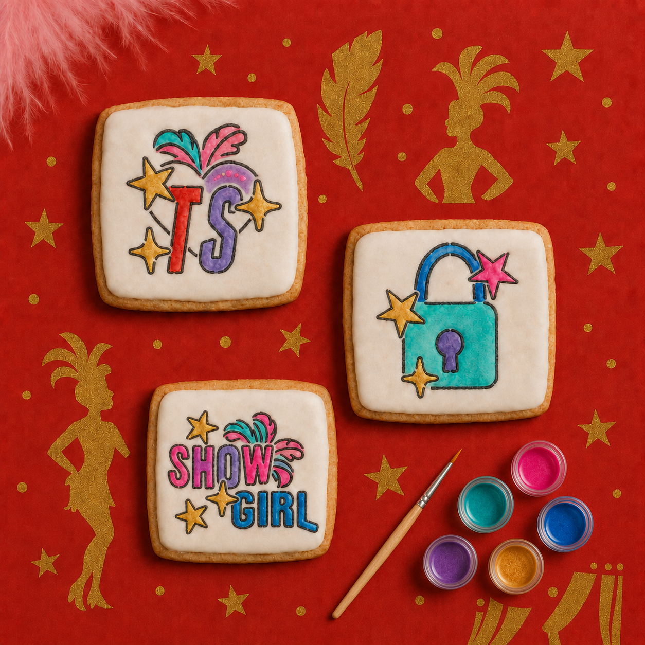Taylor Swift Showgirl Theme Paint Your Own Cookies with painted with edible food coloring using a food-safe brush