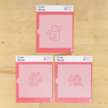 Showgirl PYO Cookie Stencil Set in their packaging.