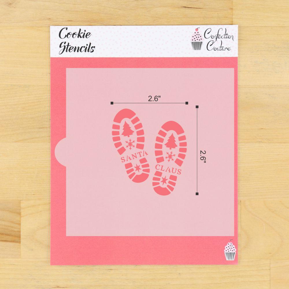 Dimensions of the Cookie stencil with Santa boot print design in its packaging