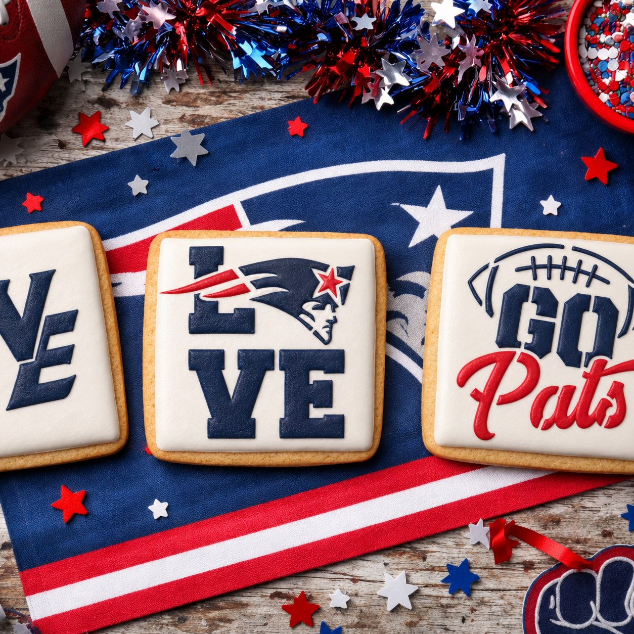 White iced cookies with Patriots-inspired designs on a tablecloth with sports team logos