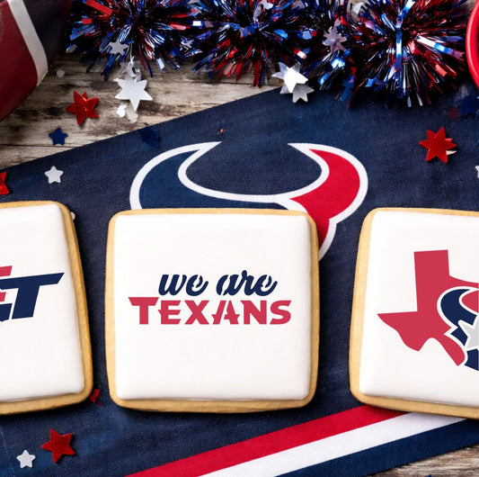 Three Square iced cookies stenciled with the Houston Texans Football Stencil Set.