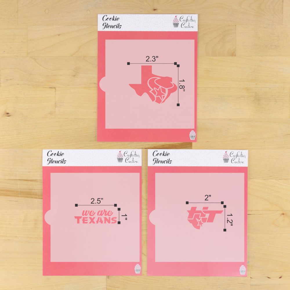 Dimensions of the Houston Game Day Cookie Stencil Set in packaging.