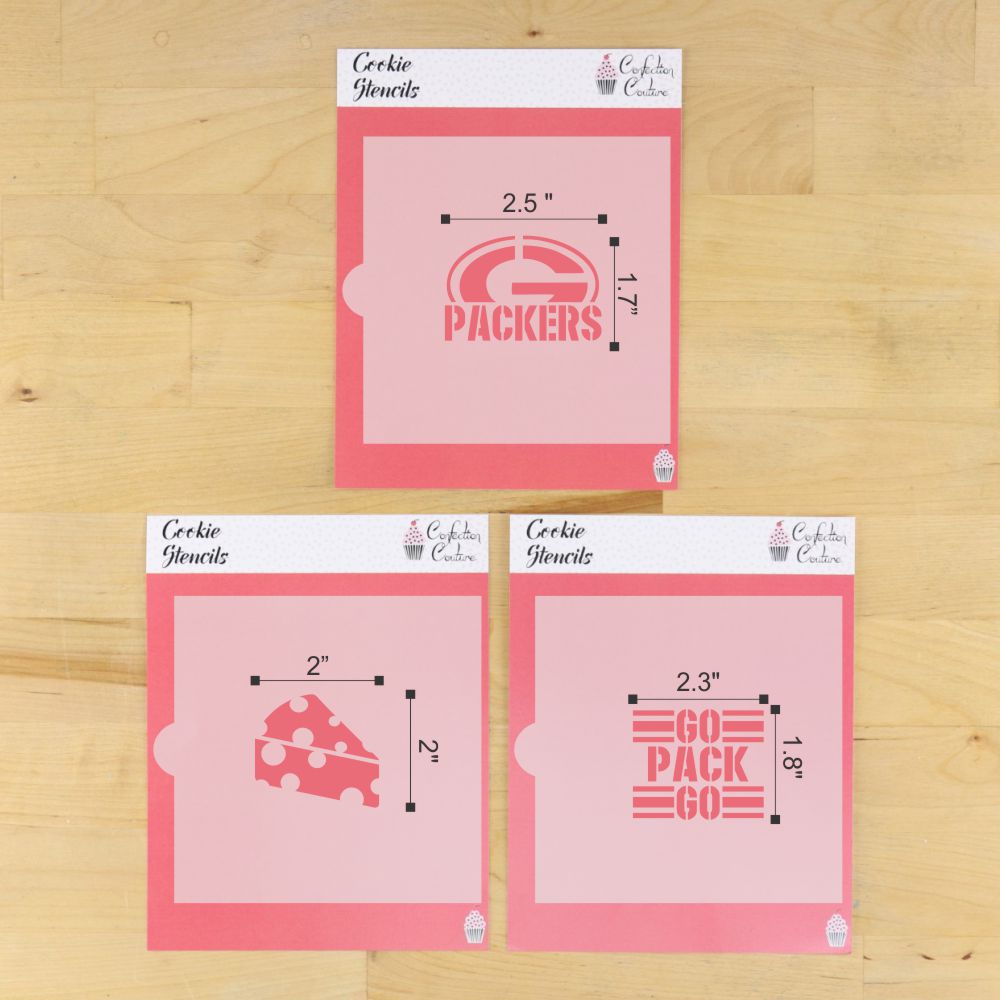 Dimensions for the Cheesehead Cookie Stencil Set.
