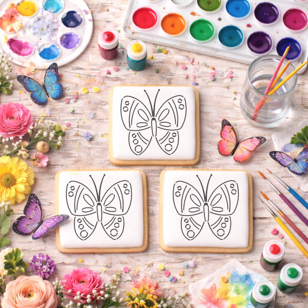 Butterfly Paint Your Own Cookies laying on a table decorated for Spring.