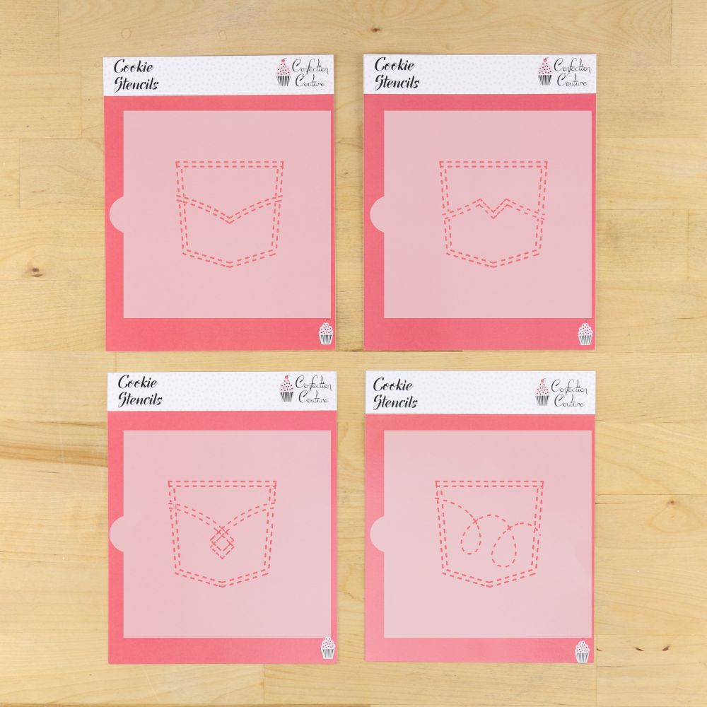 Blue Jean Pocket Cookie Stencils in their packaging.