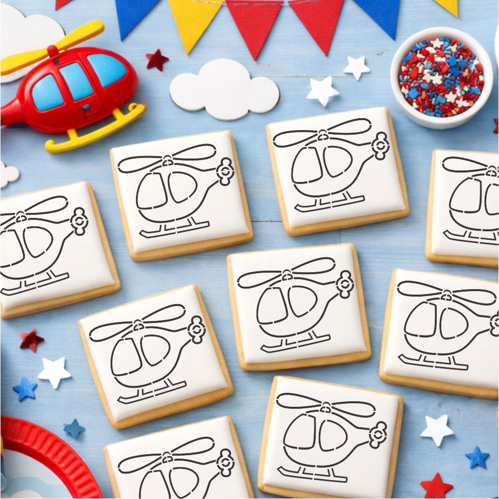 Helicopter PYO Cookie Stencil airbrushed onto white iced square cookies.