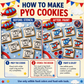 An instructional graphic titled 'HOW TO MAKE PYO COOKIES' showing a before-and-after stencil process for decorating cookies. The left panel is labeled 'BEFORE: STENCIL' with uniced cookies and a red helicopter stencil; the right panel is labeled 'AFTER: PAINT' with painted cookies in red, blue, and white.