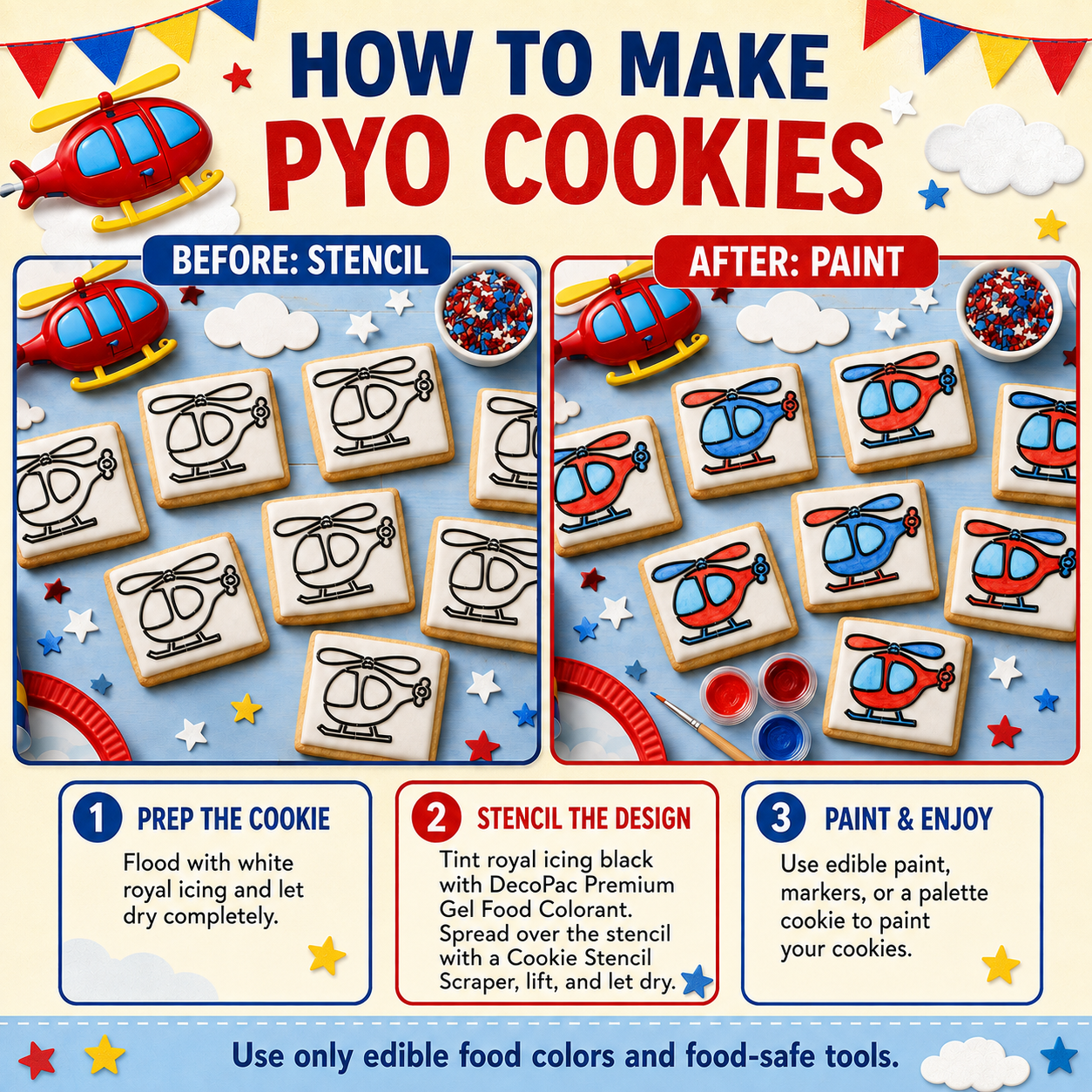 An instructional graphic titled 'HOW TO MAKE PYO COOKIES' showing a before-and-after stencil process for decorating cookies. The left panel is labeled 'BEFORE: STENCIL' with uniced cookies and a red helicopter stencil; the right panel is labeled 'AFTER: PAINT' with painted cookies in red, blue, and white.