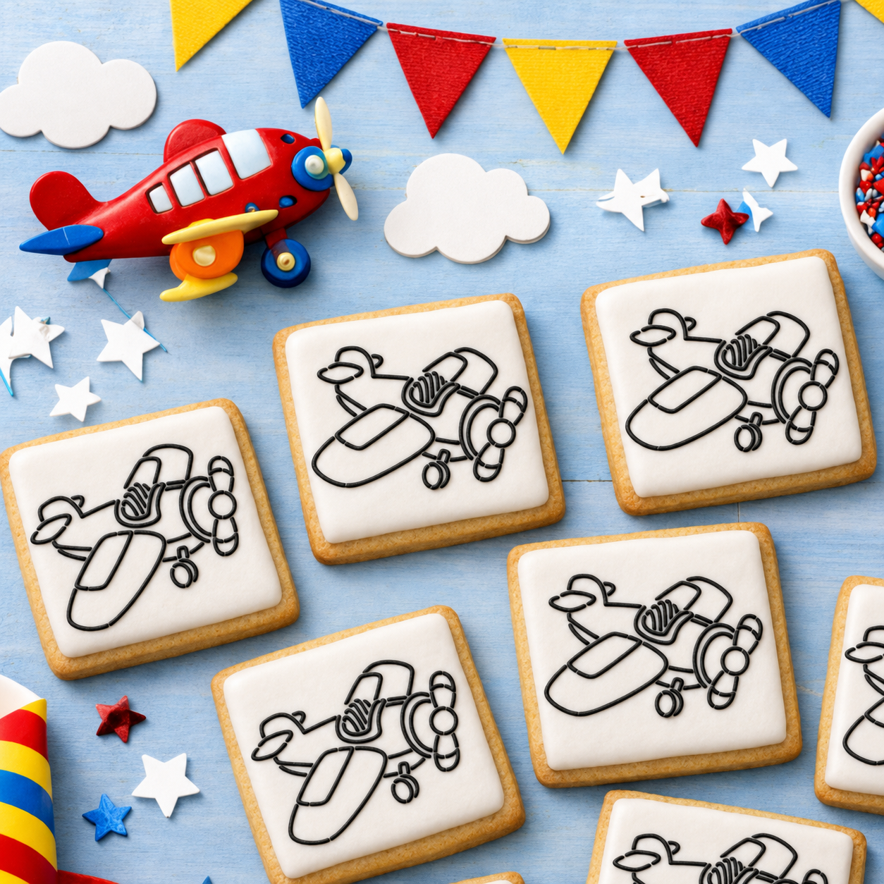 White iced cookies with airplane design iced onto them using the Airplane PYO Cookie Stencil