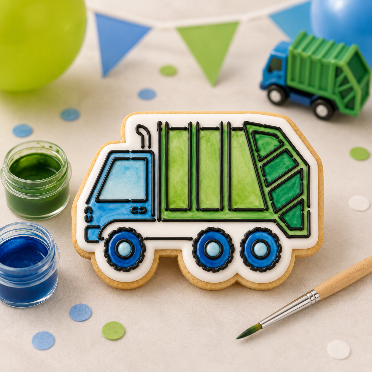 A decorated sugar cookie shaped like a garbage truck, styled on a party surface with paint jars, a paintbrush, confetti, balloons, and a small toy truck.