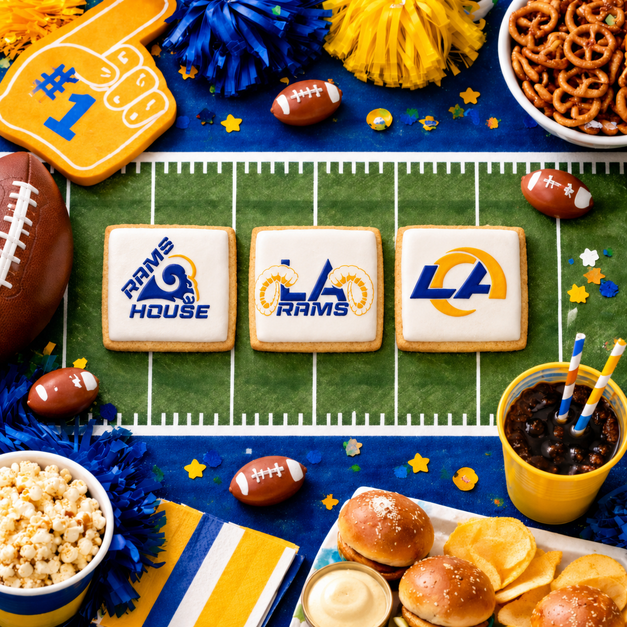 A football-themed party flat lay featuring three square cookies decorated with Los Angeles Rams logos, surrounded by themed snacks, a yellow foam #1 foam finger, pom-poms, pretzels, popcorn, and mini hamburgers on a blue and green field background.