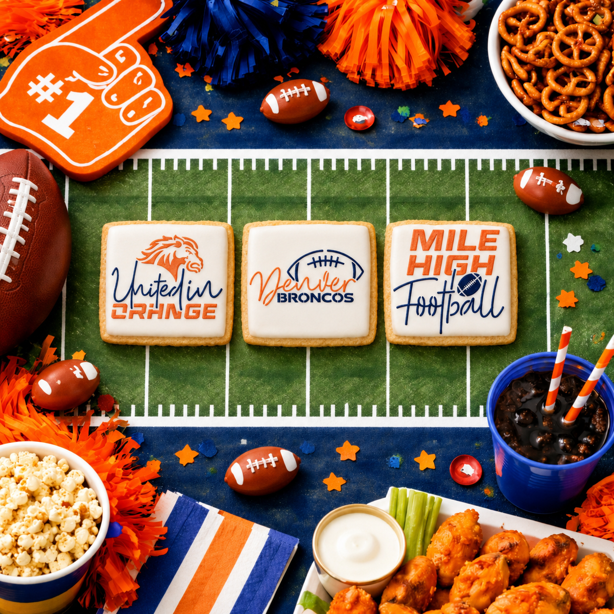 Denver Broncos Football Theme Cookies on a football backdrop
