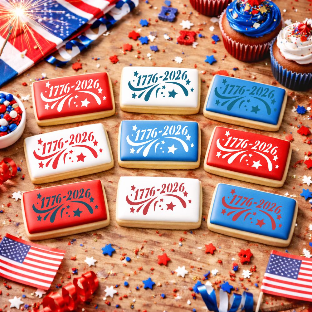 The America Turns 250 Cookie Stencil applied to several Fourth of July cookies.
