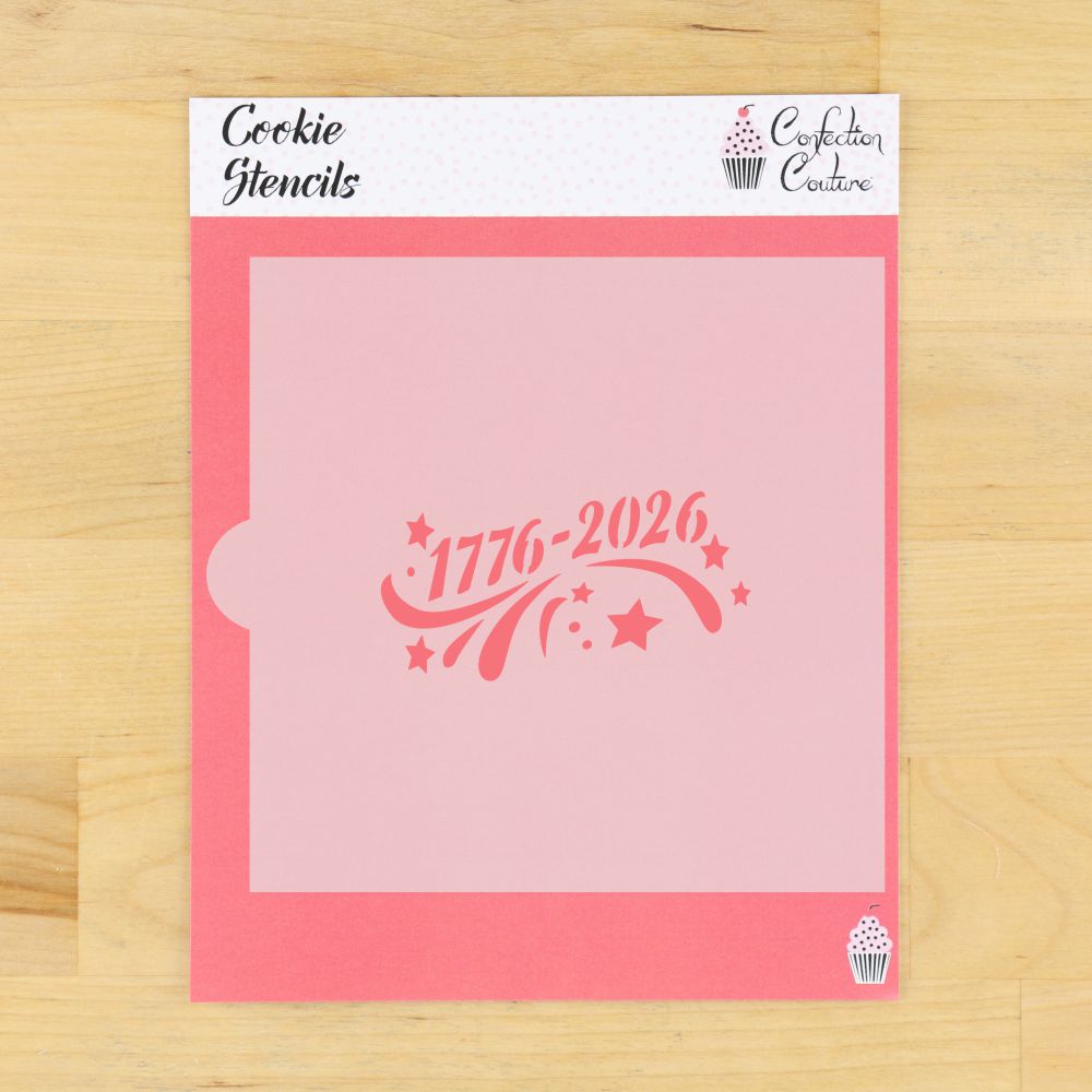 Cookie stencil with '1776-2026' design in its packaging.