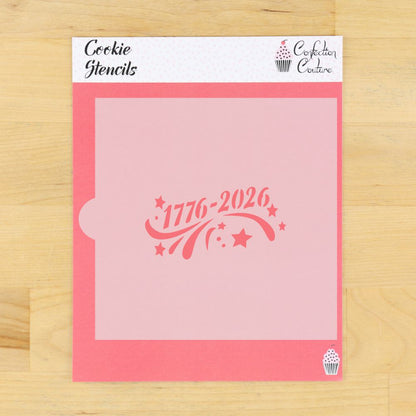 Cookie stencil with '1776-2026' design in its packaging.