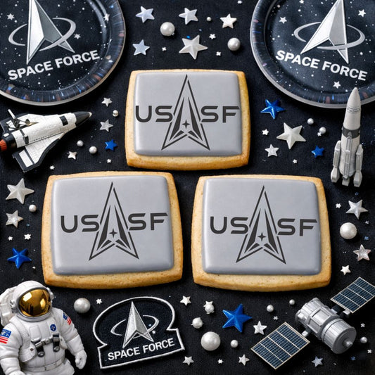 Space Force Cookie Stencil applied to gray iced cookies.