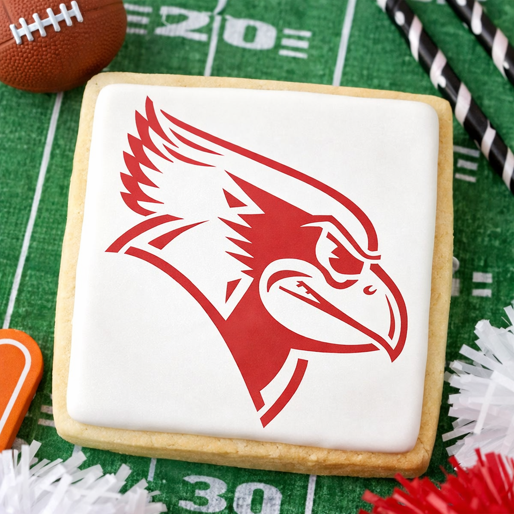 Cardinal mascot stenciled onto an iced cookie