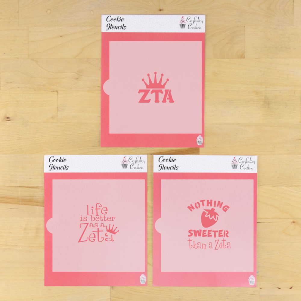 Zeta Tau Alpha Cookie Stencils in their packages