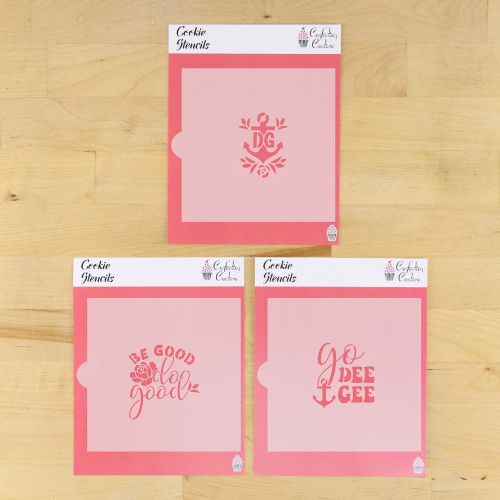 Delta Gamma cookie stencil set featuring Go Dee Gee, Be Good Do Good, and DG anchor designs.