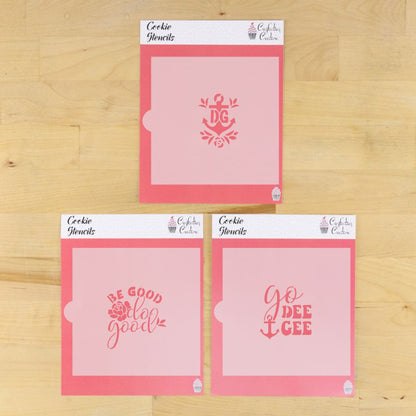 Delta Gamma cookie stencil set featuring Go Dee Gee, Be Good Do Good, and DG anchor designs.