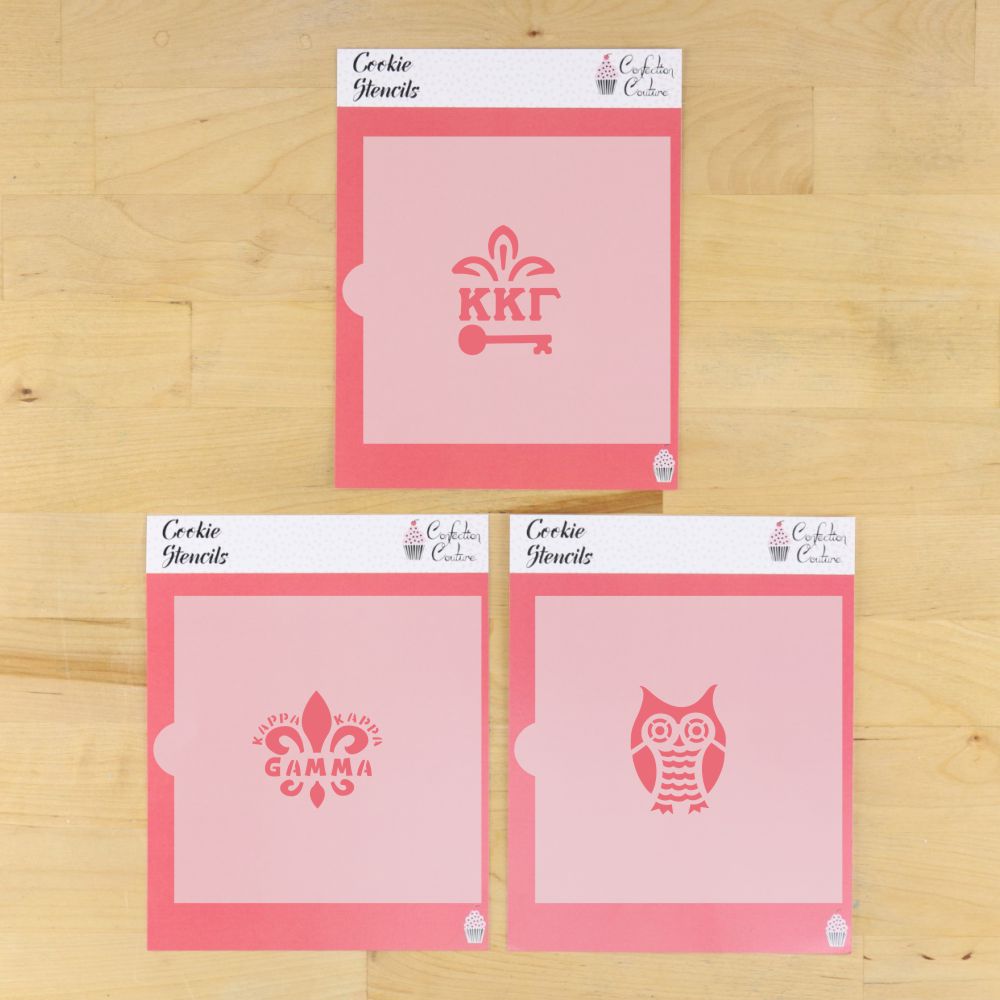 Kappa Kappa Gamma cookie stencil set featuring KKG key, fleur-de-lis, and owl designs.