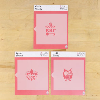 Kappa Kappa Gamma cookie stencil set featuring KKG key, fleur-de-lis, and owl designs.