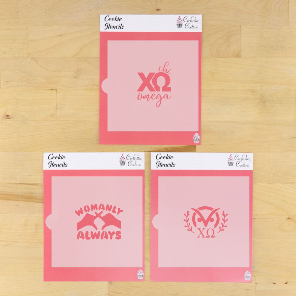Chi Omega cookie stencil set featuring Chi Omega lettering, Womanly Always design, and XO owl-inspired crest.