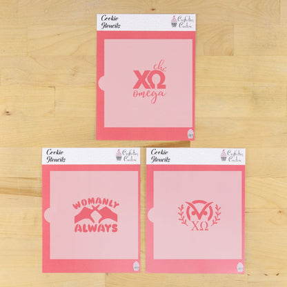 Chi Omega cookie stencil set featuring Chi Omega lettering, Womanly Always design, and XO owl-inspired crest.