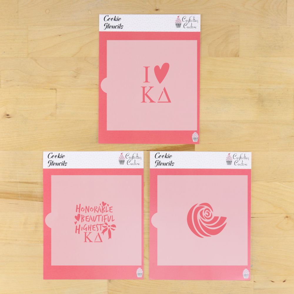 Kappa Delta cookie stencil set featuring I Love KD, Honorable Beautiful Highest, and nautilus shell designs.