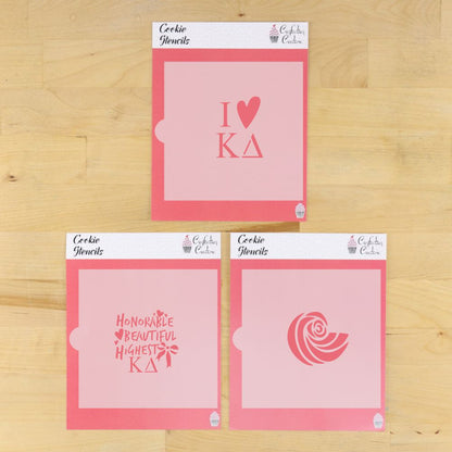 Kappa Delta cookie stencil set featuring I Love KD, Honorable Beautiful Highest, and nautilus shell designs.