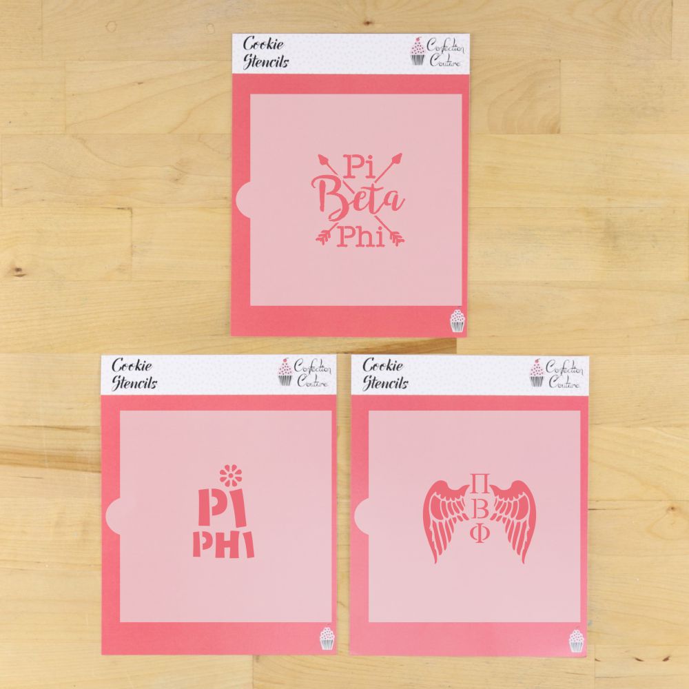 Pi Beta Phi cookie stencil set featuring Pi Beta Phi lettering, Pi Phi design, and angel wings with Greek letters.