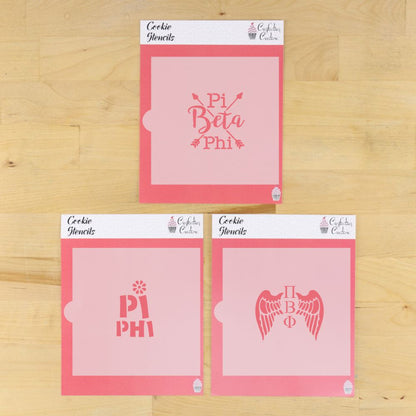Pi Beta Phi cookie stencil set featuring Pi Beta Phi lettering, Pi Phi design, and angel wings with Greek letters.