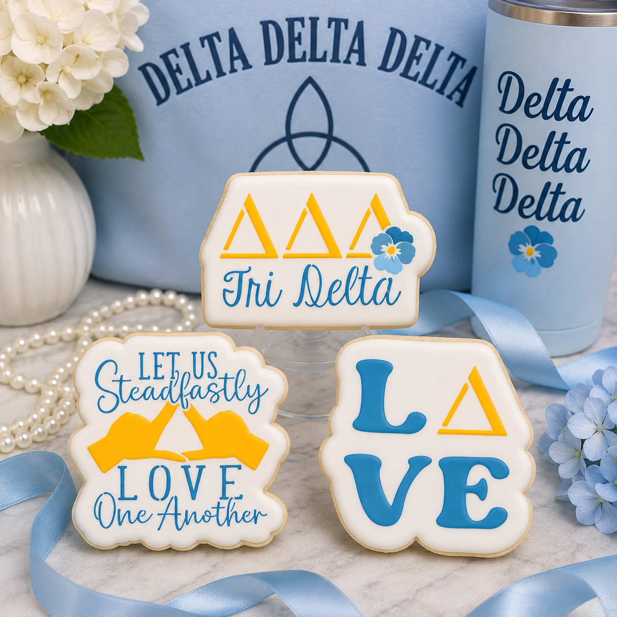 Three decorated Delta Delta Delta sugar cookies displayed with light blue sorority-themed décor, ribbons, pearls, and floral accents.