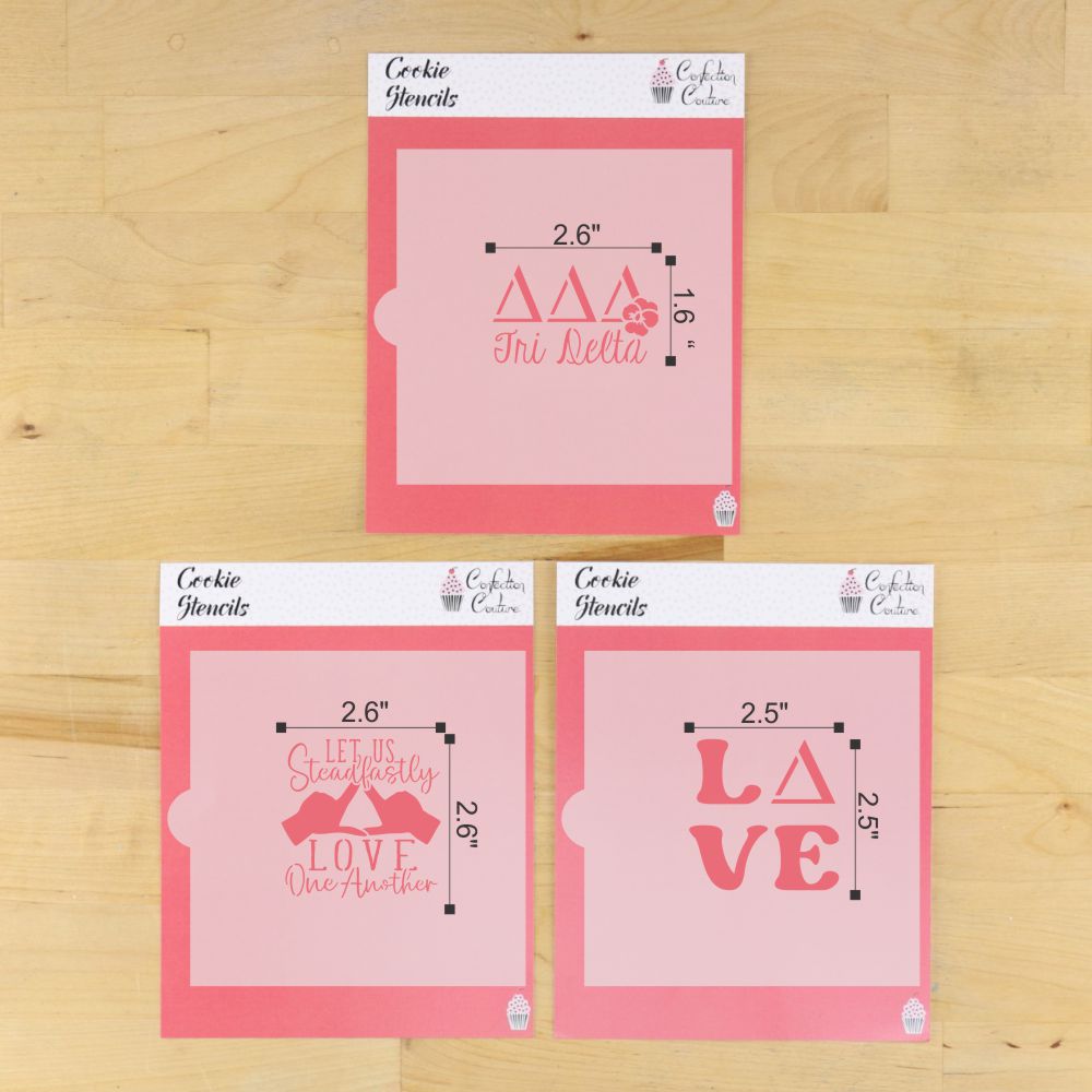 Delta Delta Delta cookie stencil set DIMENSIONS