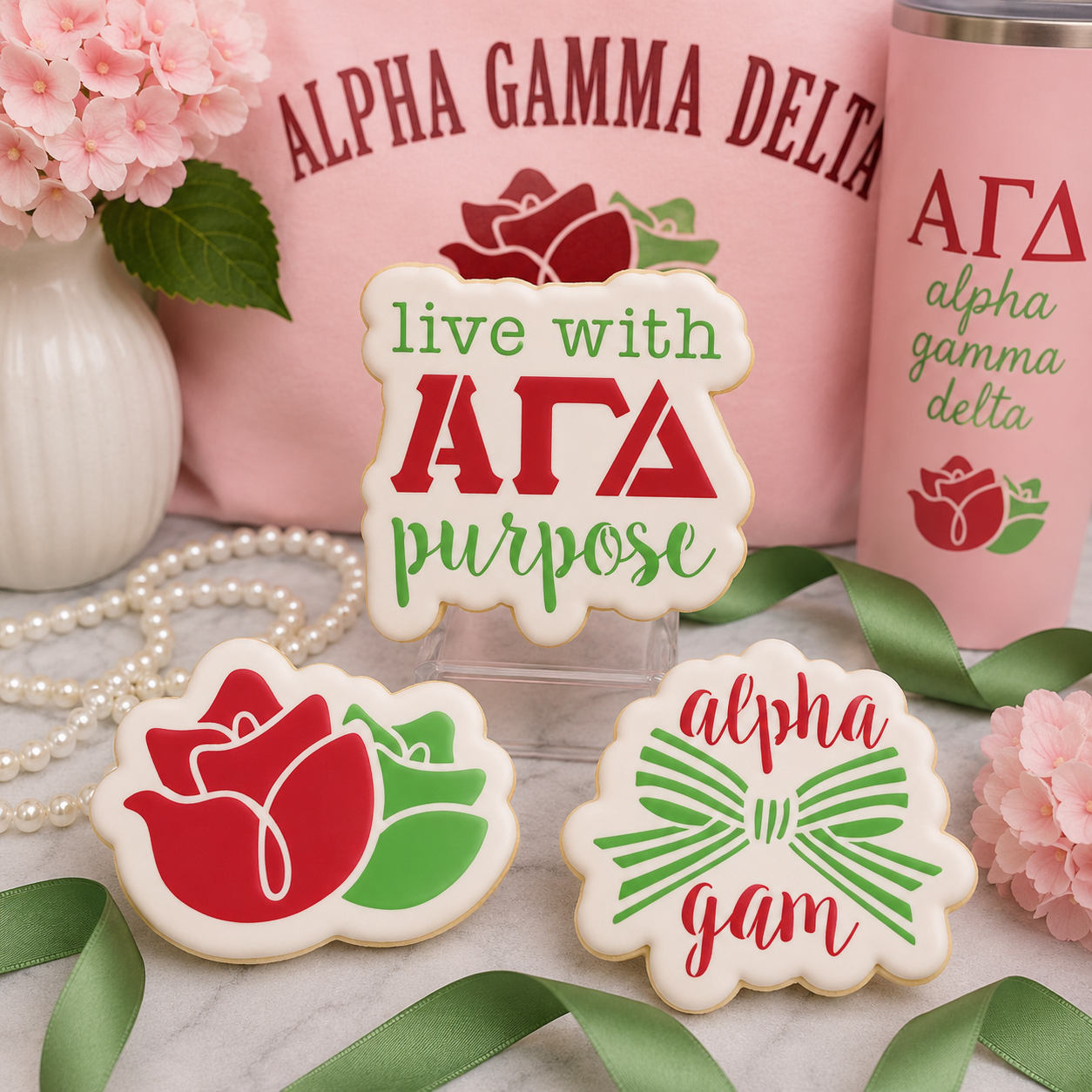 Three decorated Alpha Gamma Delta sugar cookies displayed with pink and green sorority-themed décor, ribbons, pearls, and floral accents.