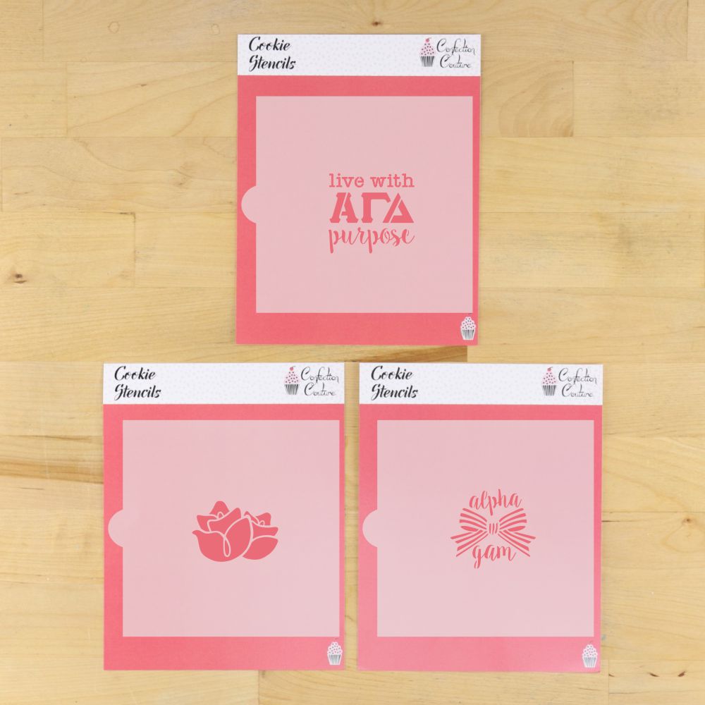 Alpha Gamma Delta cookie stencil set featuring Live with AGD Purpose, Alpha Gam bow, and rose designs.