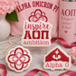 Three decorated Alpha Omicron Pi sugar cookies displayed with pink sorority-themed décor, ribbons, pearls, and floral accents.