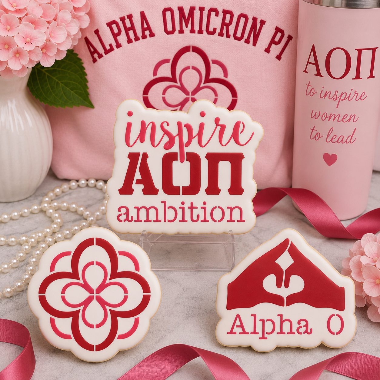 Three decorated Alpha Omicron Pi sugar cookies displayed with pink sorority-themed décor, ribbons, pearls, and floral accents.
