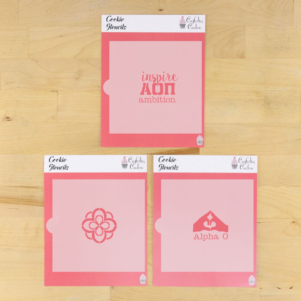 Alpha Omicron Pi cookie stencil set featuring Inspire AOPi Ambition, Alpha O, and infinity rose designs.