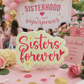 Decorated Sisters Forever sugar cookie displayed at a sorority-themed event with pink décor, flowers, and sisterhood celebration backdrop.