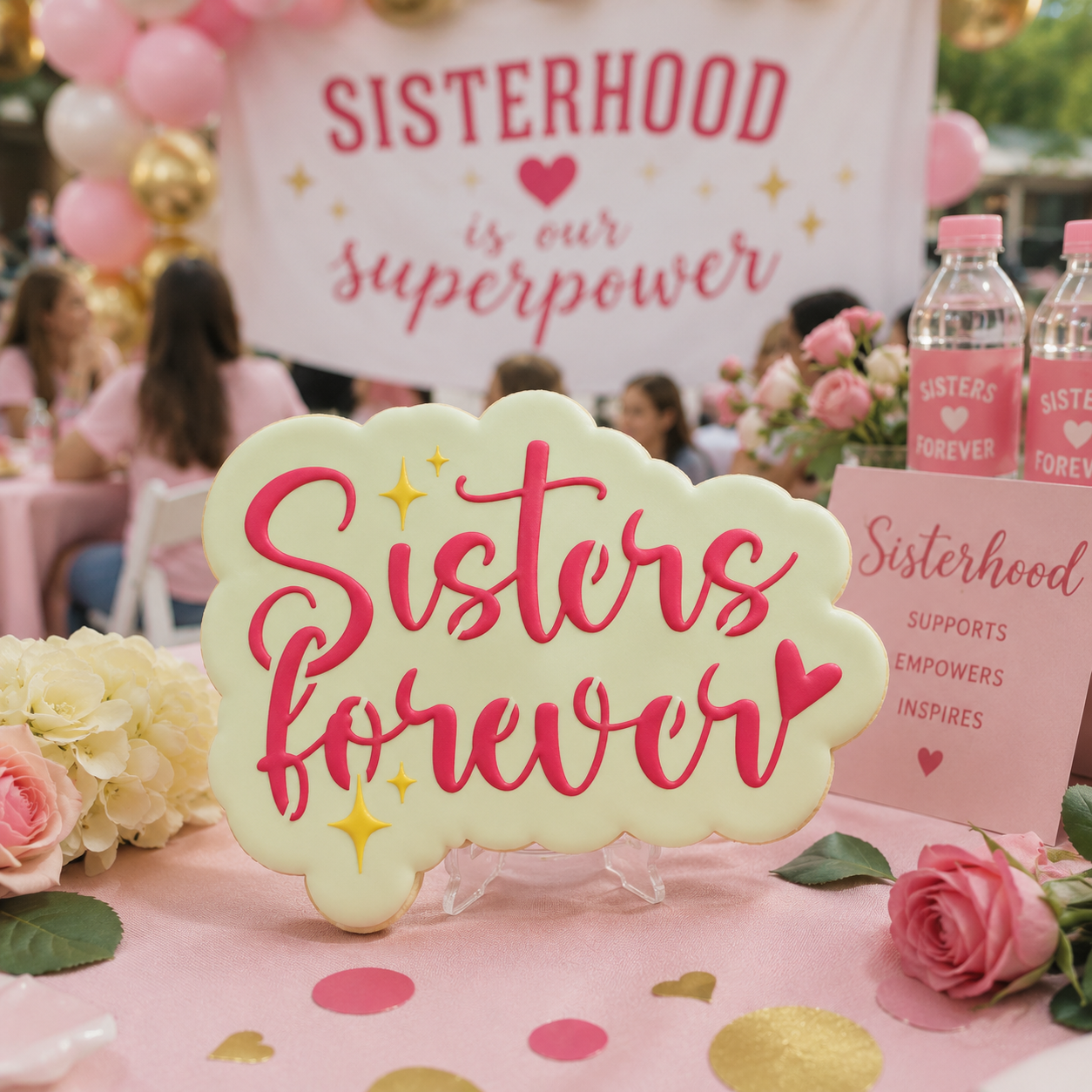 Decorated Sisters Forever sugar cookie displayed at a sorority-themed event with pink décor, flowers, and sisterhood celebration backdrop.