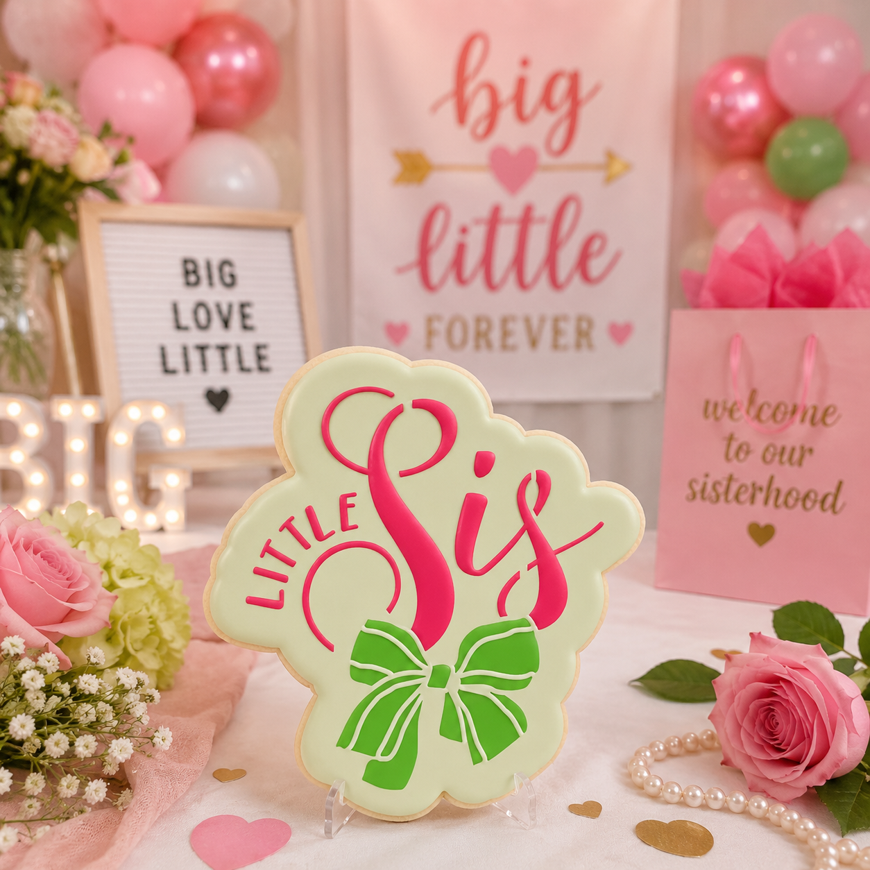 Decorated Little Sis sugar cookie displayed at a Big/Little Reveal celebration with pink and green décor, flowers, and sorority-themed decorations.