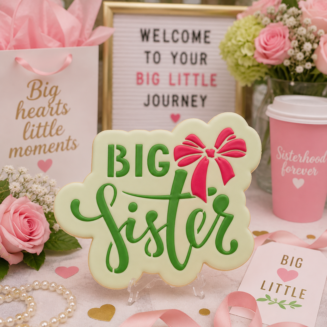 Decorated Big Sister sugar cookie displayed at a sorority Big/Little Reveal celebration with flowers, gifts, and pink party décor.